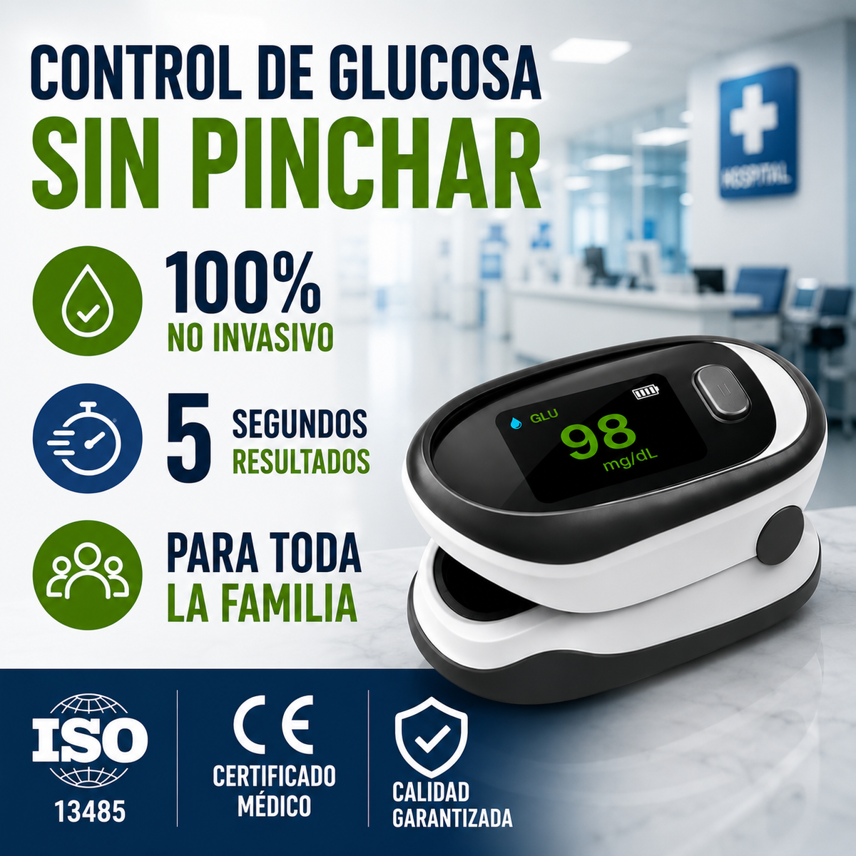 Medidor de glucosa en sangre no invasivo de tipo clip