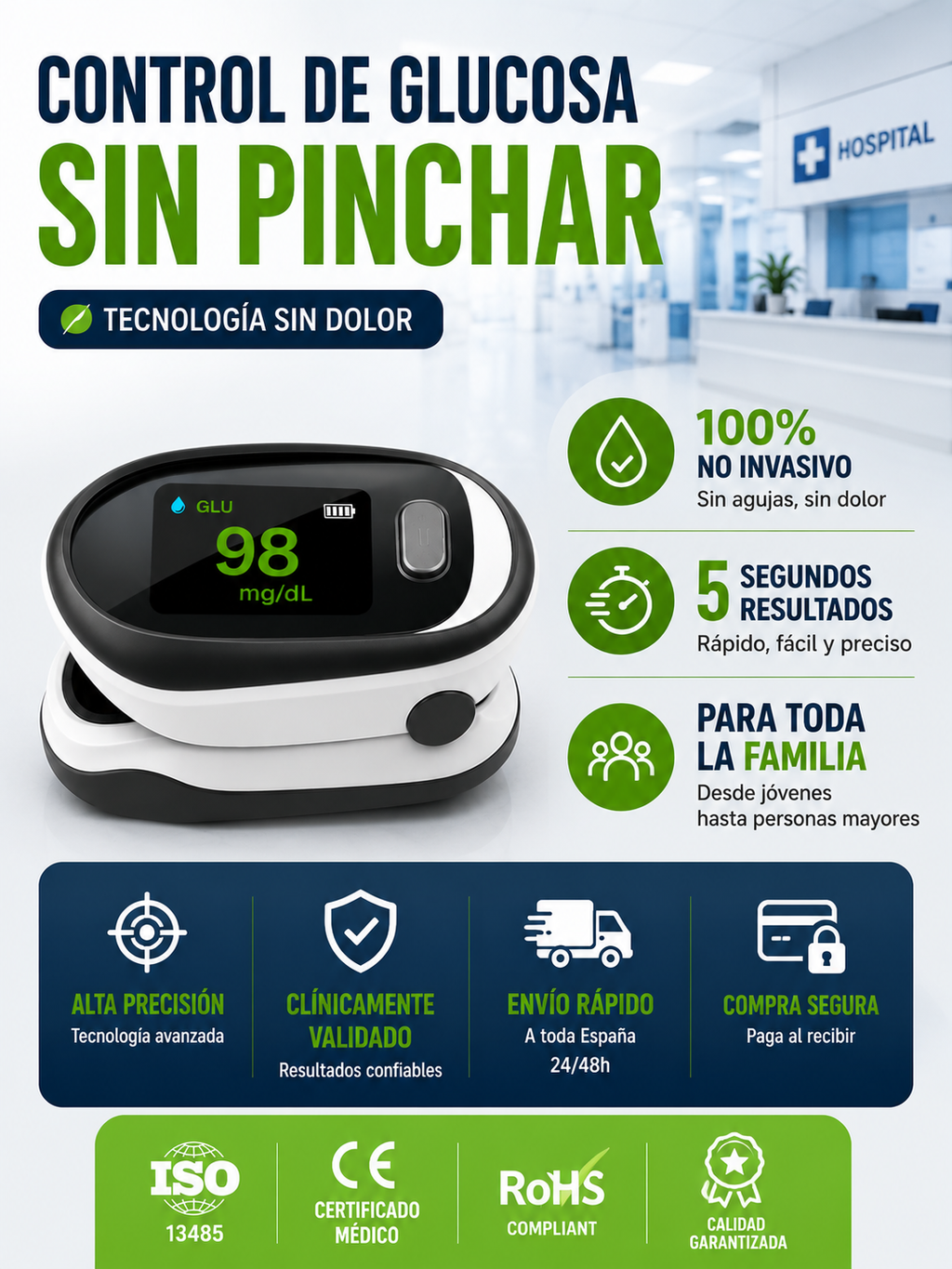 Medidor de glucosa en sangre no invasivo de tipo clip